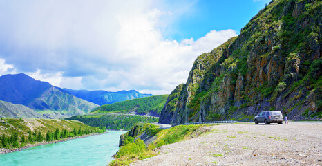 mountain landscape with car in Altay