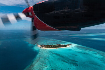 Aerial view of the Maldivian atolls the islands in the ocean with carols and the turquoise beautiful water - 362840050