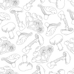 Black and white mushroom seamless pattern. Forest vector background from contour mushrooms for fabric, paper.
