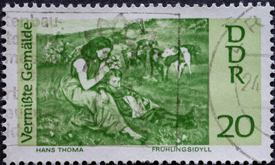 GERMANY, DDR - CIRCA 1967: a postage stamp from Germany, GDR showing missing painting: countryside...