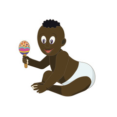 Black baby boy laughing and playing with a rattle on white isolated background, vector stock illustration in Cartoon style for prints, emblems, stickers and element of design for Kids, Childhood.