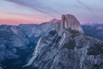 The half dome and Yosemite Valley at sunset, shot at glacier point in Yosemite National Park, California.