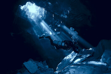 Obraz na płótnie Canvas underwater world cave of yucatan cenote, dark landscape of stalactites underground, diver