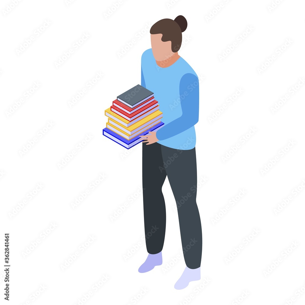 Poster girl take library book stack icon. isometric of girl take library book stack vector icon for web des