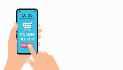 Delivery service concept, Hand holding smart phone open app, Vector image cartoon Illustration isolated on white background...