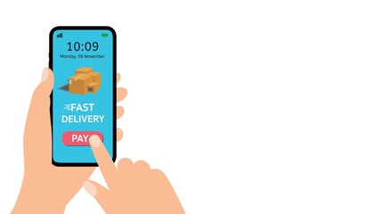 Fast delivery service concept, Hand holding smart phone open app, Vector image cartoon Illustration isolated on white background...