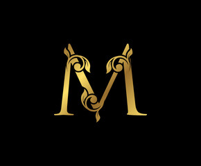 M Letter Floral Gold logo. Classy drawn emblem for book design, weeding card, brand name, business card, Restaurant, Boutique, Hotel.