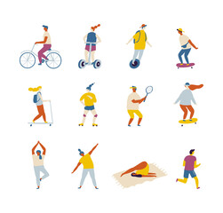 Fototapeta na wymiar Fat Vector background people. Outdoor activity, healthy lifestyle- bicycle, yoga, skate, rollers, fitness, jogging, scooter, tennis, badminton, unicycle.