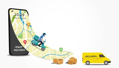 vector illustration of a mobile phone with delivery scooter on map.