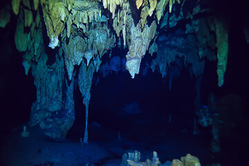 underwater cave stalactites landscape, cave diving, yucatan mexico, view in cenote under water