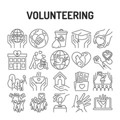 Volunteering black line icons set. Non profit community. Humanitarian aid. Signs for web page, mobile app, banner, social media.