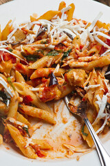 Rigatoni Pasta with meatballs, marinara sauce, Parmesan cheese and fresh Italian parsley. Classic American or Italian restaurant favorite. Homemade pasta with sauces, meats and cheeses.