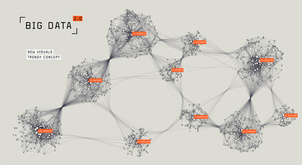 Big data visual representation. Cluster analysis visualization.  Global communication network.  Advanced analytics. Social media graph.