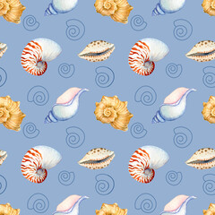 watercolor seamless pattern with exotic sea shells on a blue background
