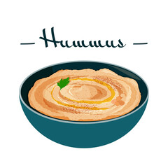 Hummus traditional arabic food from chickpea. Illustration of vegetarian vegan meal. Jewish traditional cuisine.