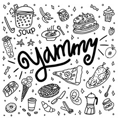 Hand drawn doodle yammy, baking, dishes and kitchenware.