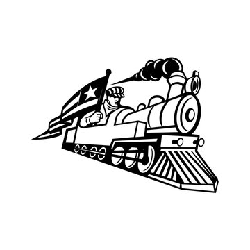 American Train Engineer Driving Steam Locomotive Mascot Black and White