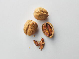 top view shot of walnut on white background.