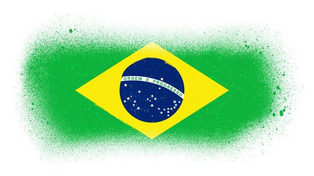 Brazil Flag Reveal With Paint Brush Splatter Mask/ 4k animation of a vintage grunge textured brazil flag, with ordem e progresso symbol and paint brush stroke and splatter intro fx reveal