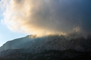 Beautiful clouds on top of a mountain in Crimea