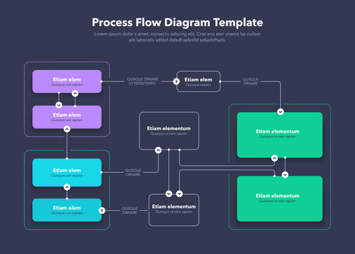 Modern Process Flow Diagram layout template - dark version. Flat design, easy to use for your website or presentation.