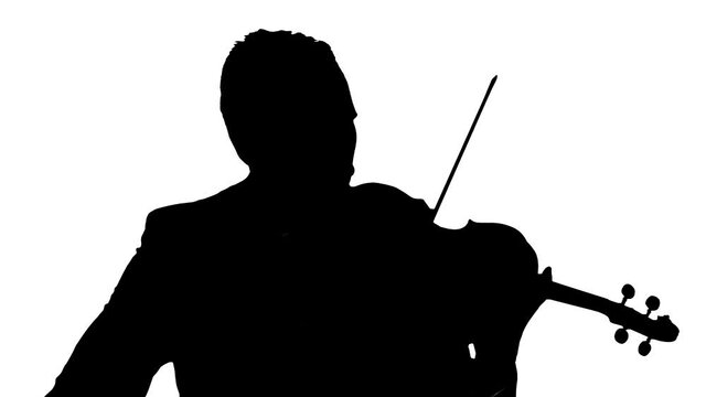 black silhouette on a white background of a young guy playing the classical violin. Medium long shot. Symphony music concert