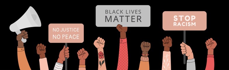 Black lives matter horizontal banner with protest fist in the air. BIPOC.Stop racism. Black lives matter graphic poster design template against racial discrimination dark background
