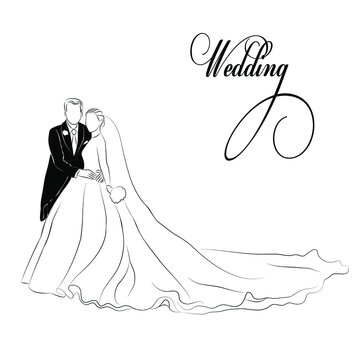 Vector illustration of a bride and groom standing. Image of a bride in a long dress. A linear sketch of a wedding couple. 