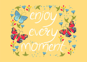 Greeting card with inscription and butterflies. Vector graphics.
