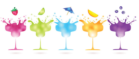 fruit falling into splashing colorful cocktails isolated on white background - vector illustration, concept of summer refreshments