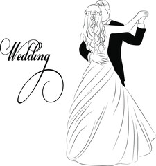 
Vector illustration of a dancing bride and groom. A linear sketch of a wedding couple.