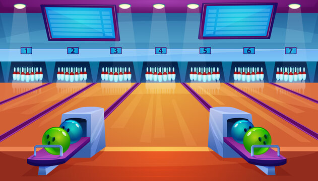 Bowling alley flat vector illustration. Cartoon empty bowling club interior with pin ball bowl sport game equipment on lane, scoreboard screen for gamer team competition, leisure activity background