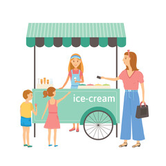 Vector flat illustration of woman and children who buy ice cream outdoor. Buyer and seller. Street market concept. Wheel ice cream kiosk. Boy and girl with mother enjoy their desserts.