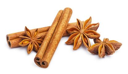 Delicious cinnamon sticks and star anise, isolated on white background