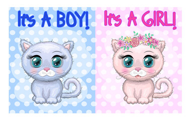 Baby Shower greeting card with Cute Kittens boy and girl