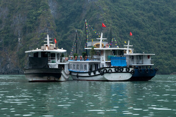 Naklejka premium Ha Long Bay Vietnam, group of tourist cruise boats moored on harbour