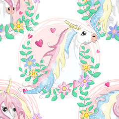 seamless pattern with cute unicorns, clouds,rainbow and stars. Magic background with little unicorns.