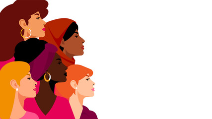 Fototapeta na wymiar Multi-ethnic women. A group of beautiful women with different beauty, hair and skin color. The concept of women, femininity, diversity, independence and equality. Vector illustration.