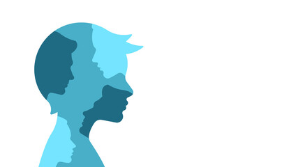 Silhouette of a little boy with the silhouettes of the adult faces Inside. The concept of family, upbringing, growing up, influence and education. Vector illustration with copy space.