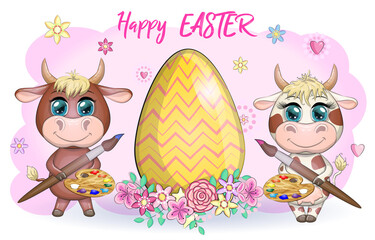 Naklejka premium Cute cartoon cow, a bull with an Easter egg, next to a basket of eggs, symbol 2021 on the eastern calendar.