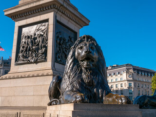  Lions in Trafalgar Square, London, United Kingdom on a sunny day.