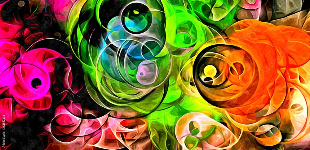 Poster abstract psychedelic background colored fractal hotspots arranged circles and spirals of different s