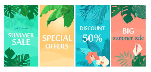 Summer sale backgrounds with tropical leaves and flowers. Template for sales promotion. Vector illustration
