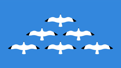 Flying seagulls. Close up of a gull in the sky. Flock of birds. Abstract birds. Vector illustration.