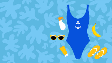Summer time illustrations collection set: sunglasses, swimsuit, banana, flip flops, sun screen lotion. Vector elements on blue background.