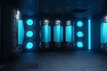 3d rendering Sifi lab in dark space with the blue power