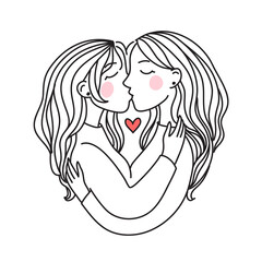LGBT Lesbian family concept. Kiss and hug sticker. Vector illustration.