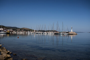 Fototapeta na wymiar Harbour view in Iskele, Urla. Urla is populer fishing old town in Izmir