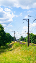 Poles with electric wires for trains and rails