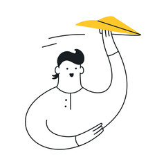 Businessman throwing a paper airplane.  Concept of business startup, launch of new project, sending mail, communication, messaging, email concept. Flat outline vector illustration on white.